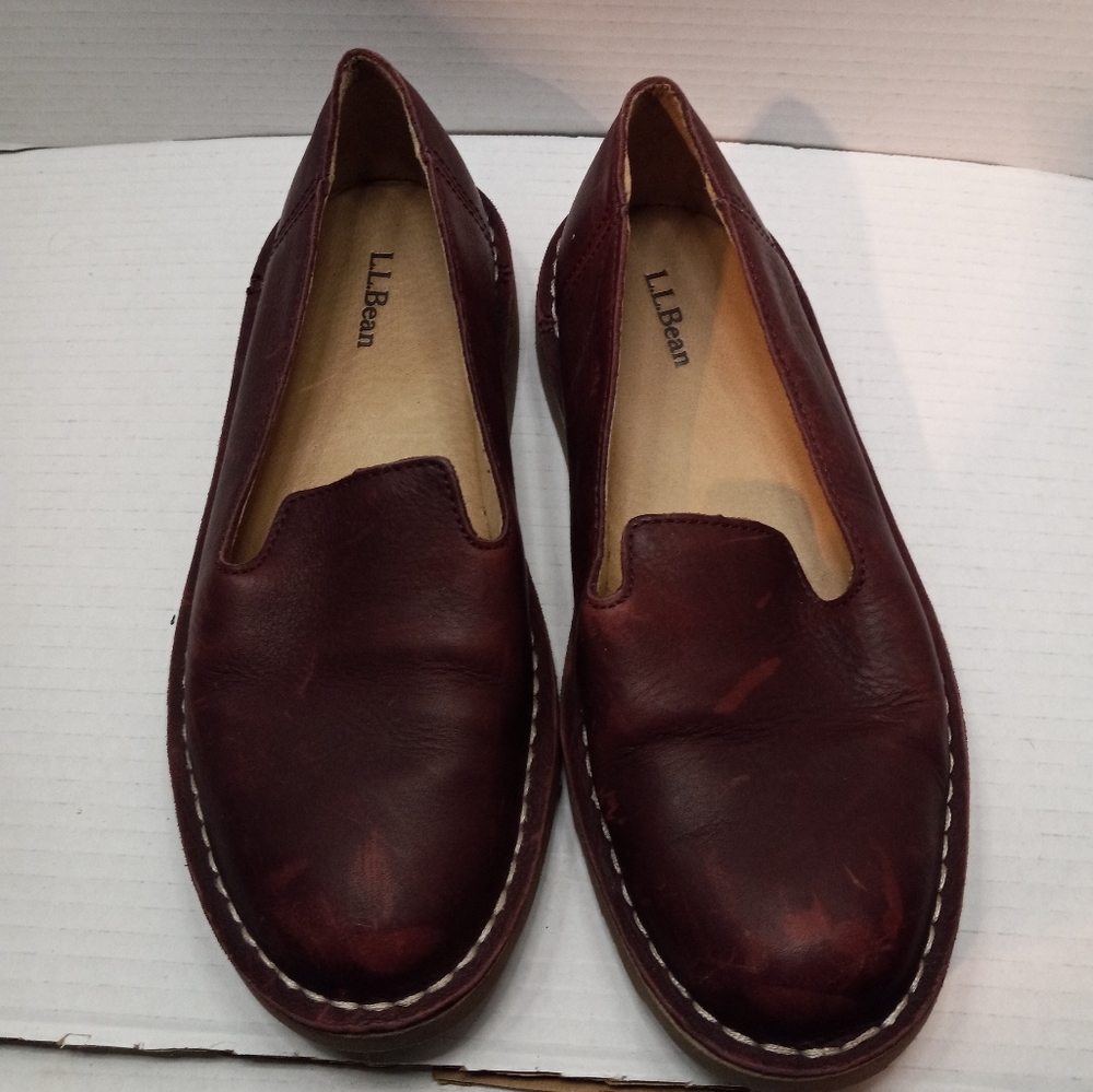 L.L. Bean Oxblood Rustic Stonington Round Toe Leather Loafers Career Shoes Red 8